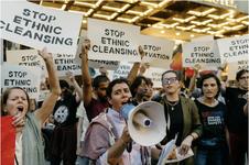 Ari Lev Fornari, center, a rabbi at a synagogue in Philadelphia, led a rally this month calling for the end of the war in Gaza, outside the Trump International Hotel in Manhattan