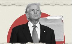 A black and white photo of Trump against a paper background with a red ball and manila folder