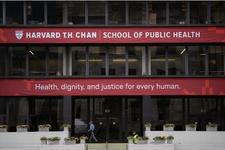 Red banners hang from a building at Harvard that read "Harvard T.H. Chan School of Public Health" and "Health, dignity, and justice for every human."