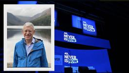 A photo of Joe Berman wearing a blue rain jacket, standing in front of a lake and smiling at the camera. This photo is next to an image of a stage with blue screens that read: "ADL Never is Now"