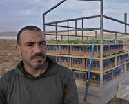 Ismael Bsharat, a farmer, is pictured in front of a wagon filled with boxes carrying produce.