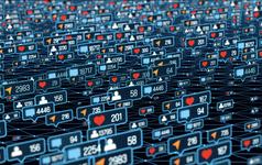 An illustrative image representing social media interactions with numbers next to icons representing "likes", "comments", "people", and "send message"
