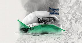 An illustrative photo showing a military tank with Israeli flag in a semicircle over a satellite image of land. There is a green line graph trending downward across the image.
