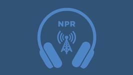 Blue NPR logo with sound waves coming out of an antenna and headphones around the perimeter